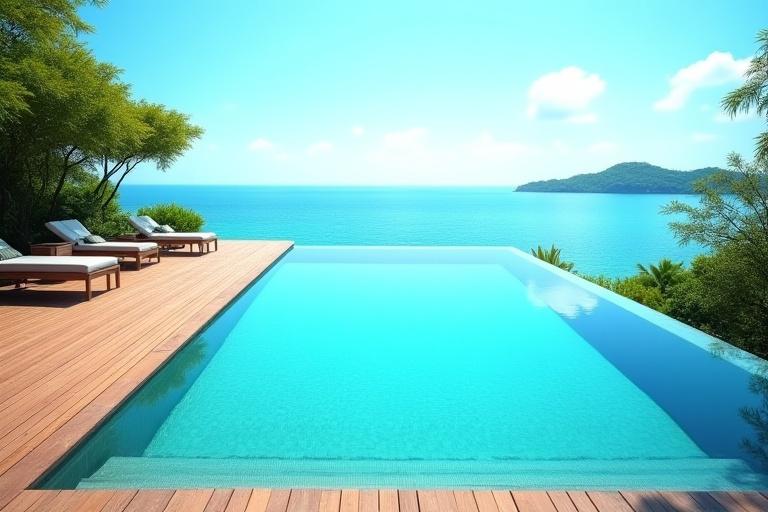 A stunning infinity pool and spacious wooden deck at a Sentosa Cove villa, surrounded by tropical foliage.